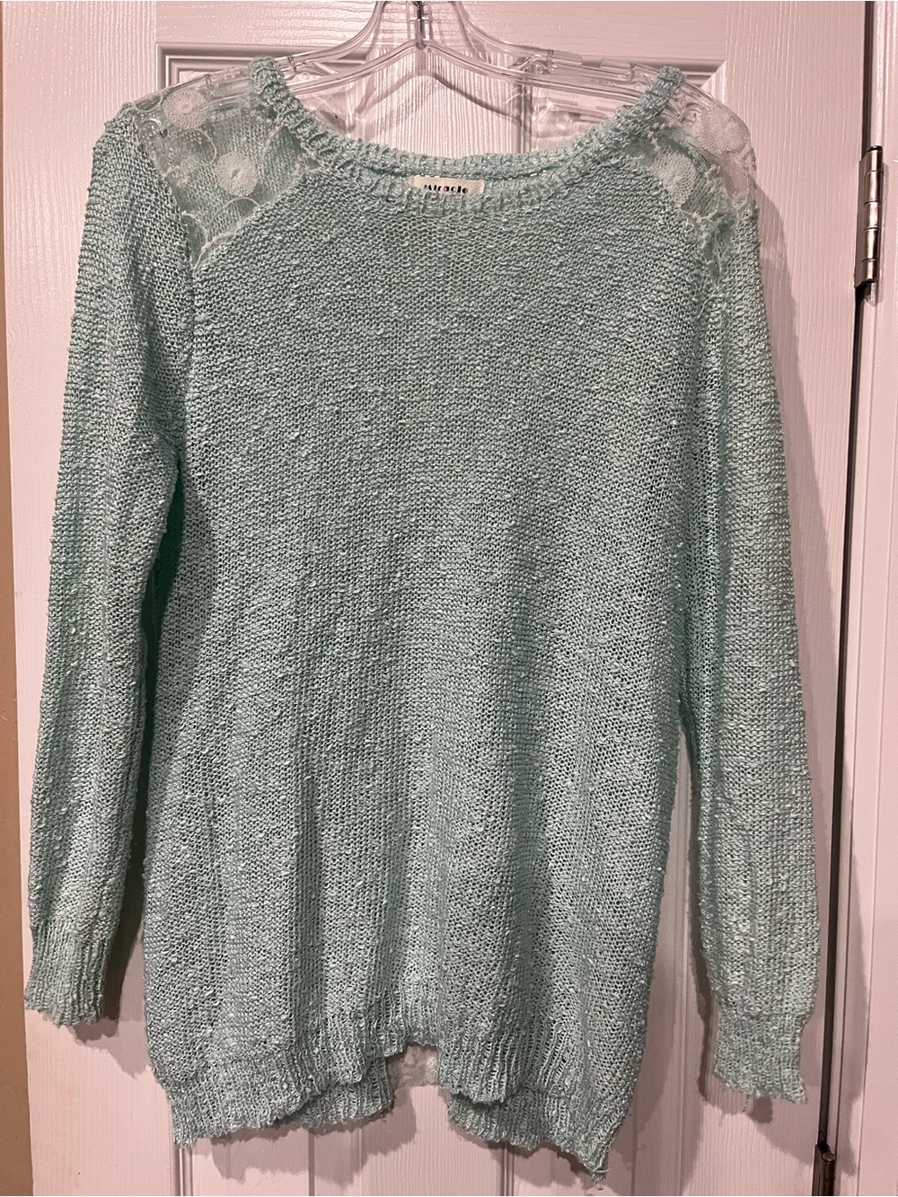 Miracle Mint Lace-Shoulder Scoop Neck Sweater
